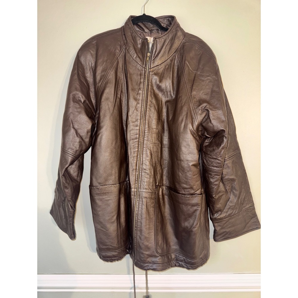 Vintage Spiegel Women 1X Brown Leather Full Zip Jacket with Pockets Draw Strings